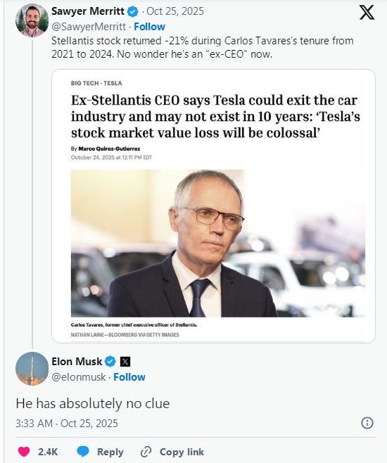 前斯特兰蒂斯CEO称特斯拉10年后可能不复存在