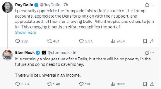 达利欧向“特朗普账户”捐款，马斯克点评